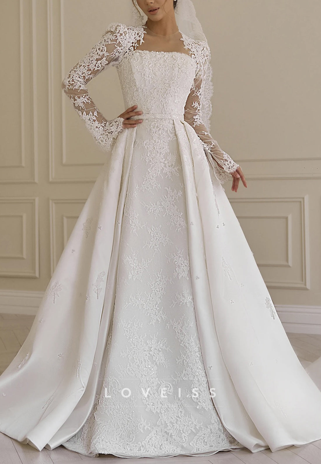 Long Sleeve Lace Ball Gown Wedding Dress with Train