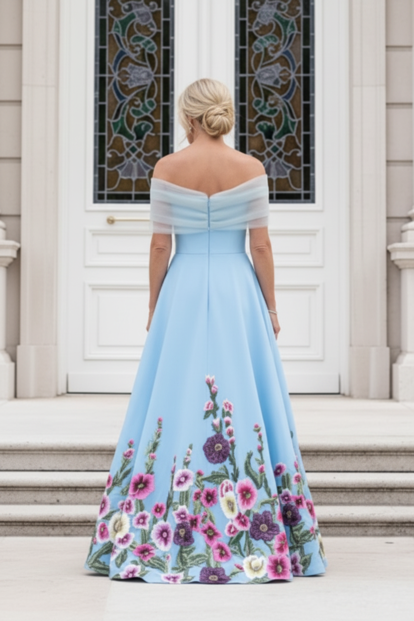 Off-the-Shoulder Embroidered Floral A-Line Gown