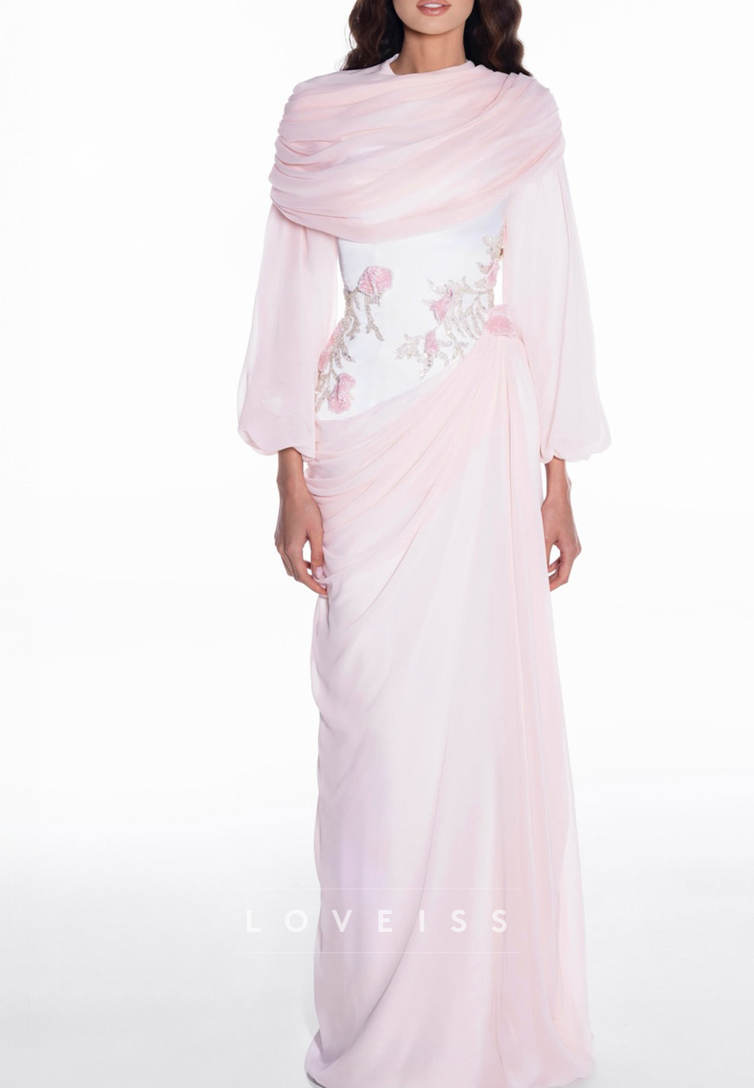 Draped Chiffon Corset Evening Gown with Long Sleeves