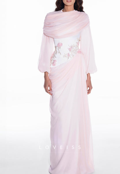 Draped Chiffon Corset Evening Gown with Long Sleeves