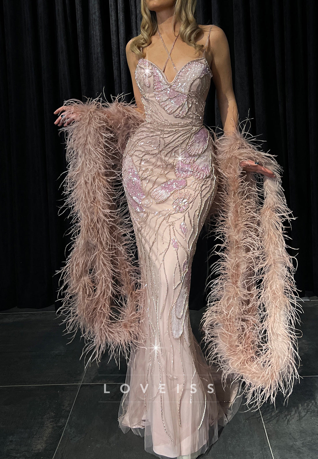 Beaded Sequin Mermaid Evening Gown with Feather Shawl