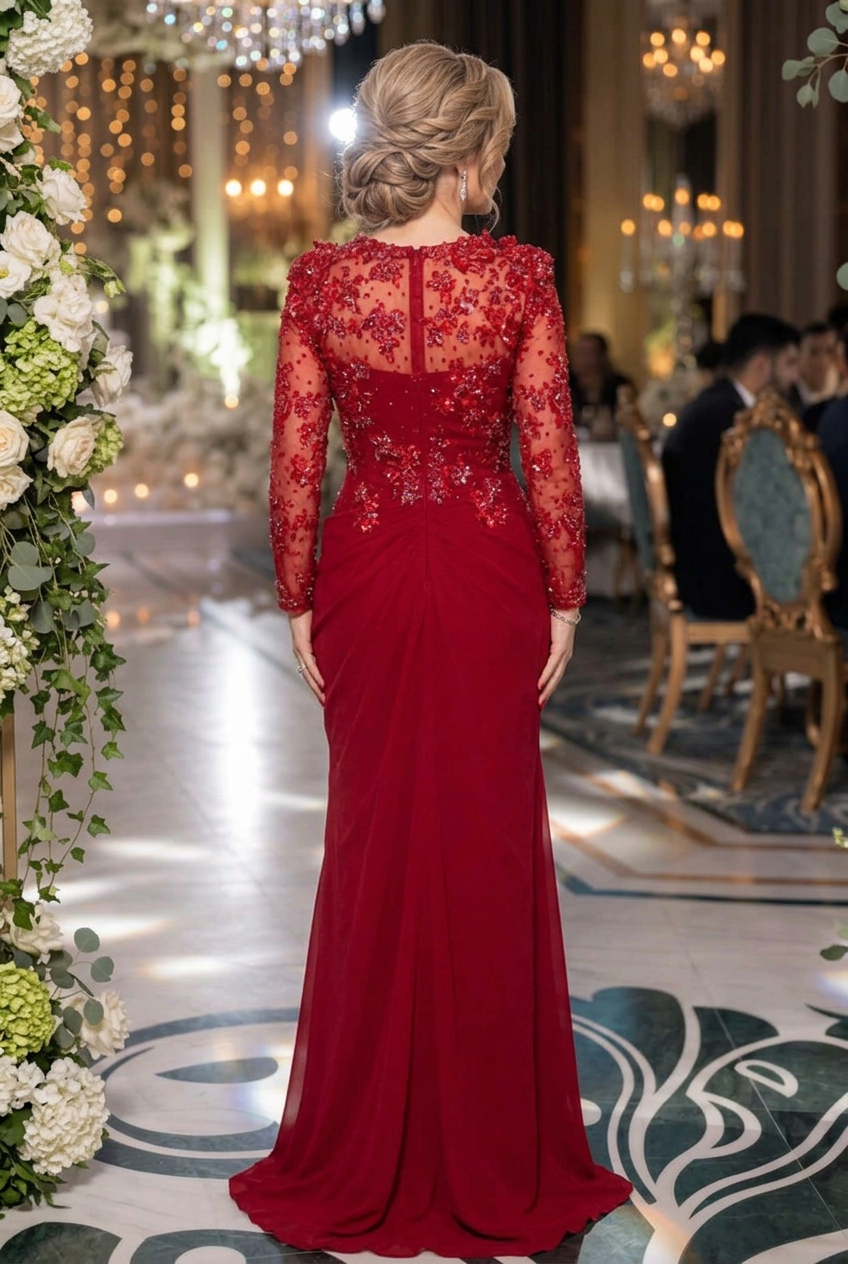 Floral Applique Side-Draped Evening Gown