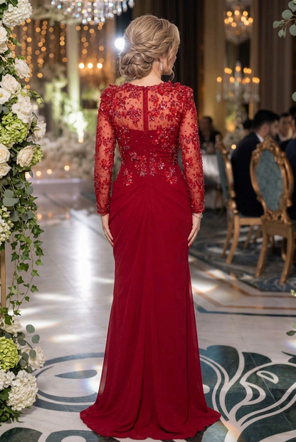 Floral Applique Side-Draped Evening Gown
