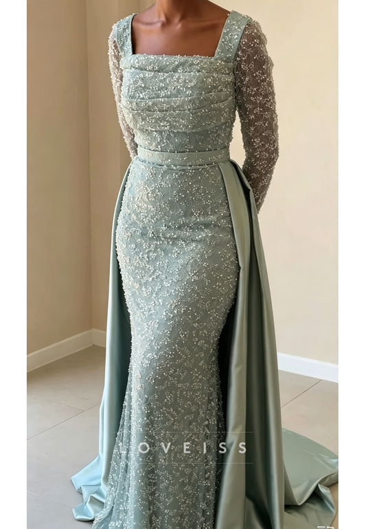 Beaded Lace Evening Dress with Overskirt