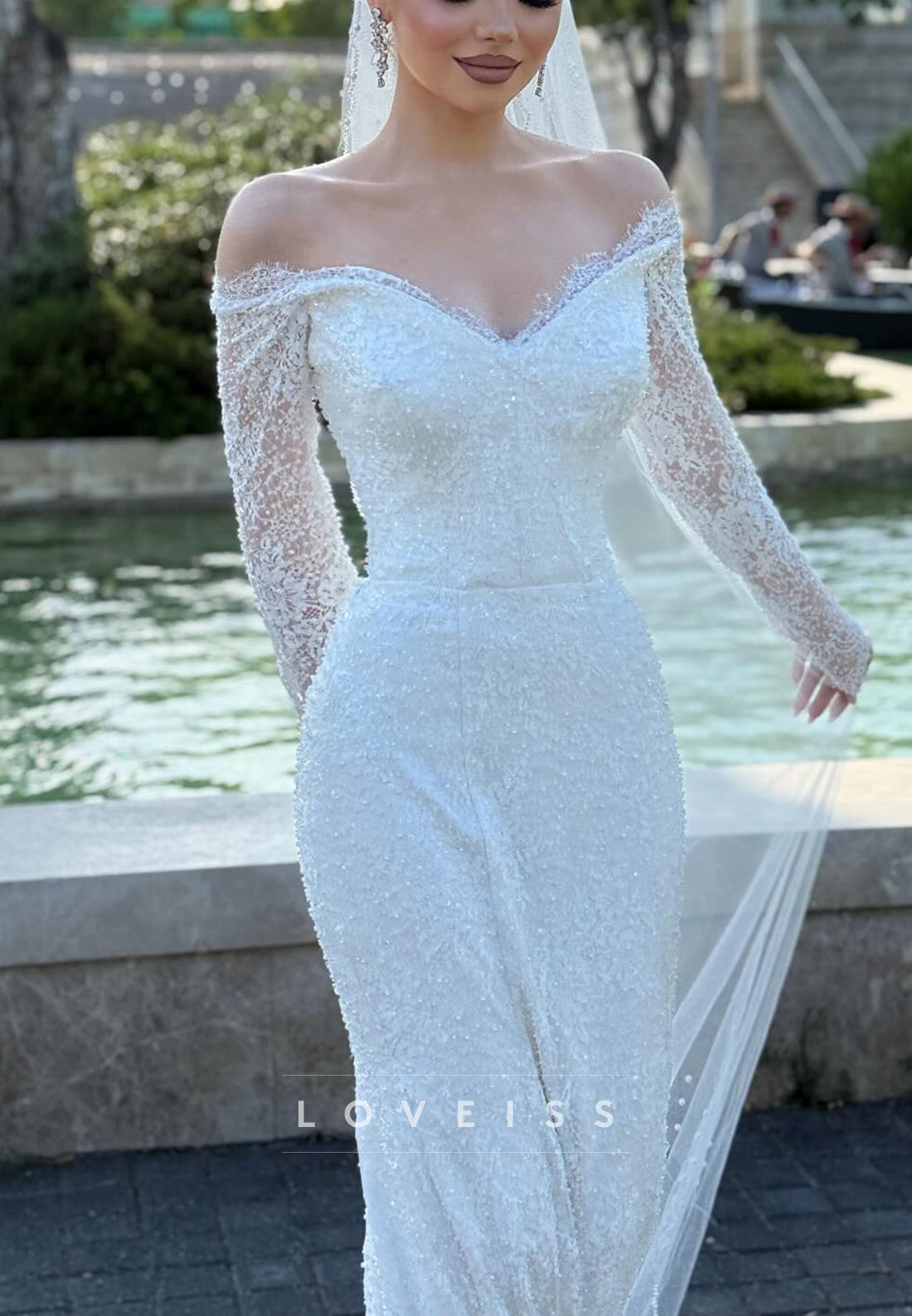 Long Sleeve Lace and Pearl Mermaid Bridal Gown