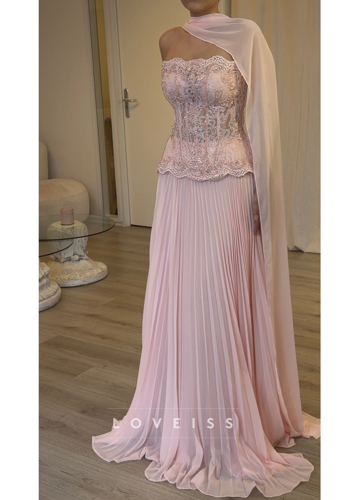 Corset Evening Gown with Pleated Skirt and Cape
