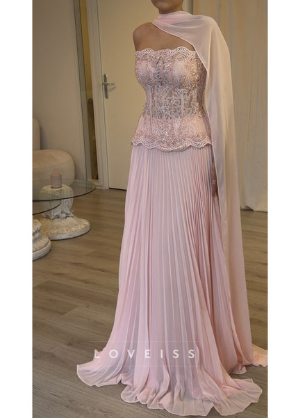Corset Evening Gown with Pleated Skirt and Cape