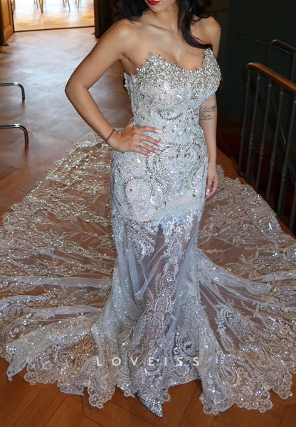 Beaded Strapless Mermaid Gown with Train