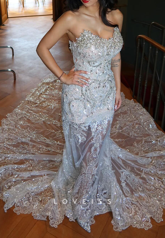 Beaded Strapless Mermaid Gown with Train