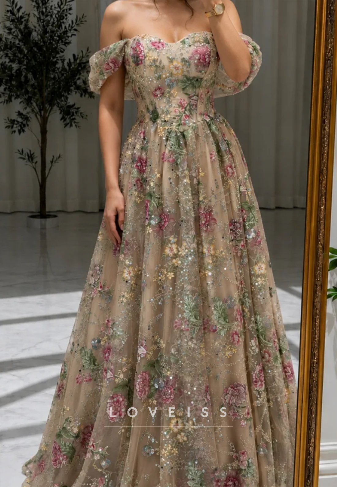 Off-the-Shoulder Floral Embroidered A-Line Gown