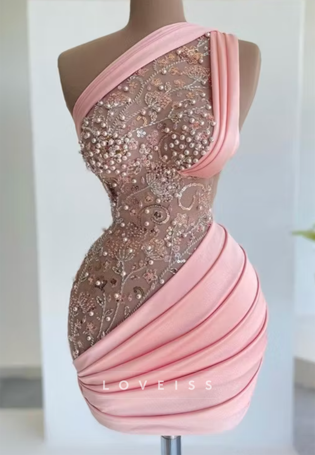 One Shoulder Pearl Beaded Mini Dress