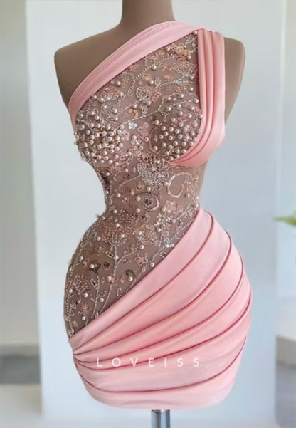 One Shoulder Pearl Beaded Mini Dress