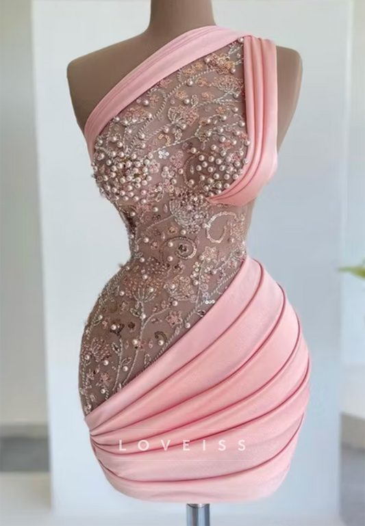 One Shoulder Pearl Beaded Mini Dress