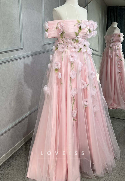Off-the-Shoulder 3D Floral Applique Tulle Gown