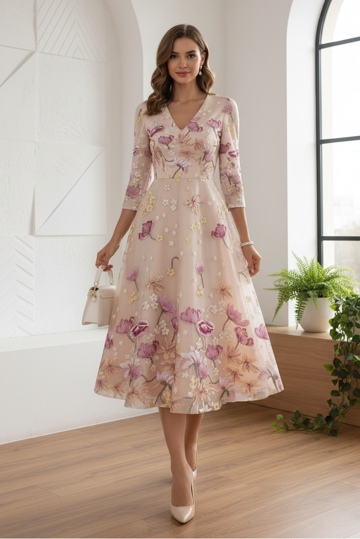 Embroidered V-Neck 3/4 Sleeve A-Line Dress