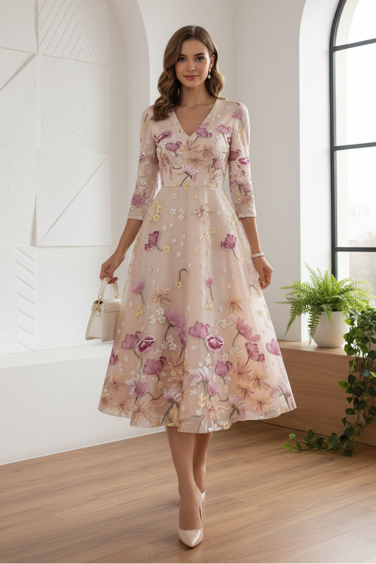 Embroidered V-Neck 3/4 Sleeve A-Line Dress