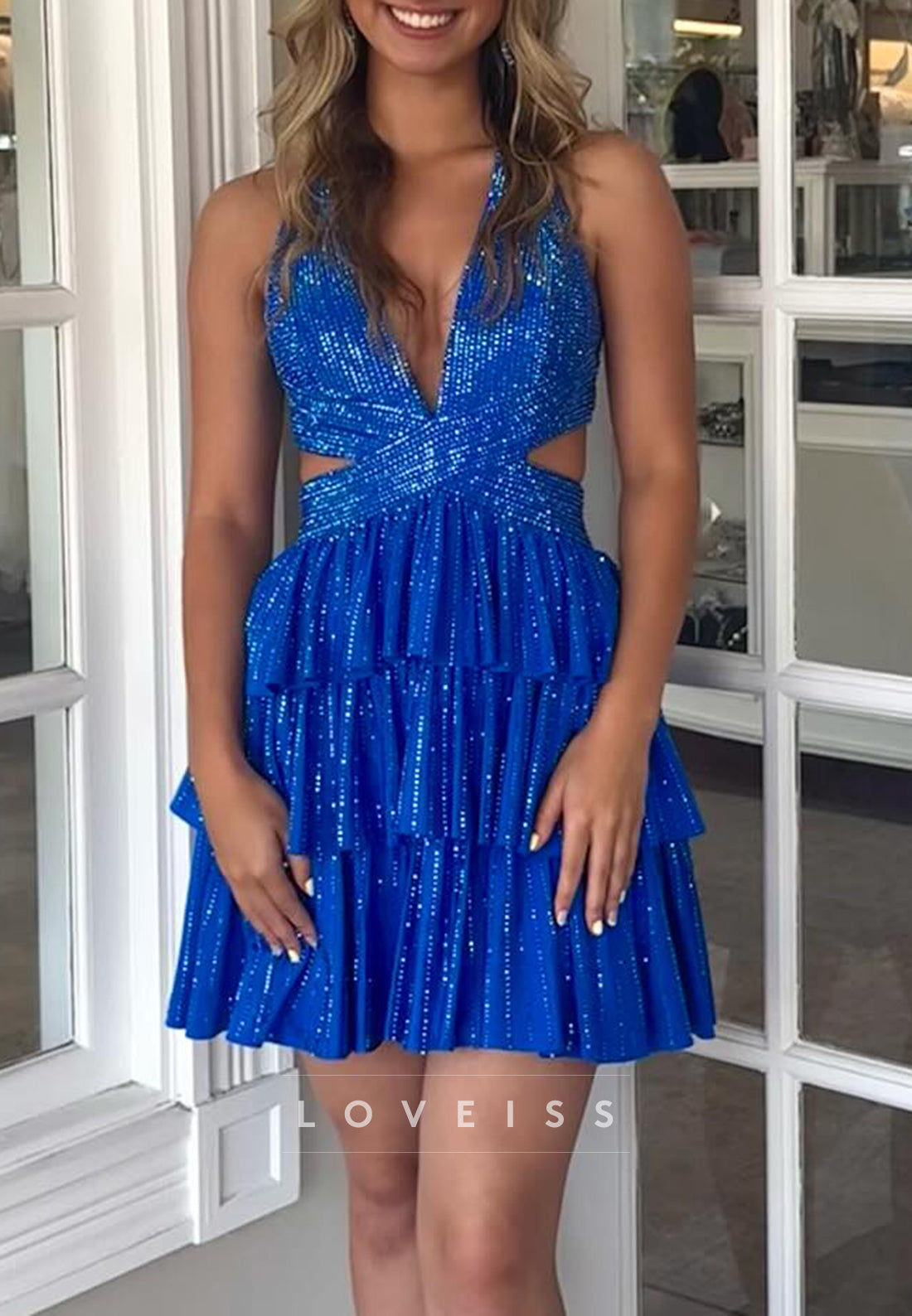 Halter Deep V-Neck Tiered Ruffled Mini Dress