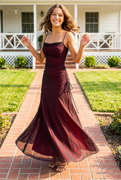 Mesh Overlay Maxi Dress with Side Ruched Ties