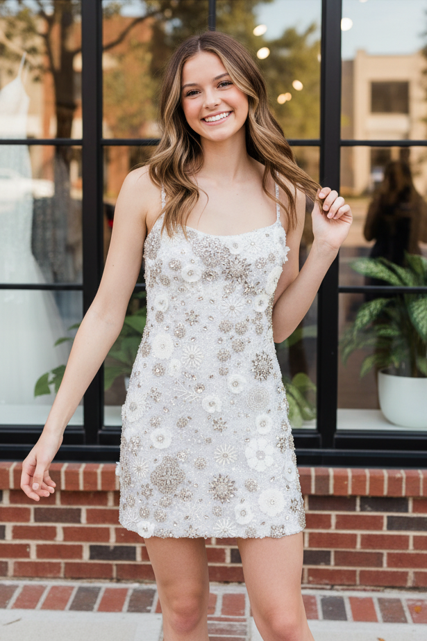 3D Floral and Crystal Embellished Mini Dress
