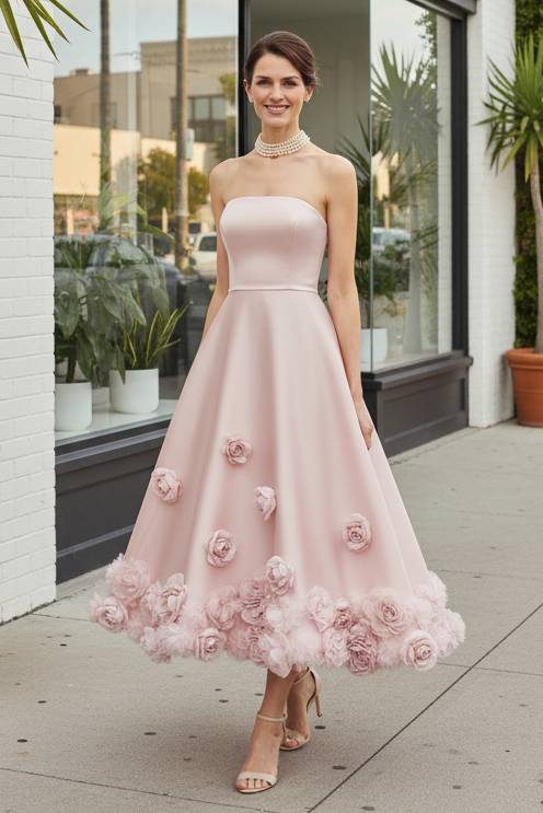 Strapless Satin A-Line Tea-Length Floral Dress