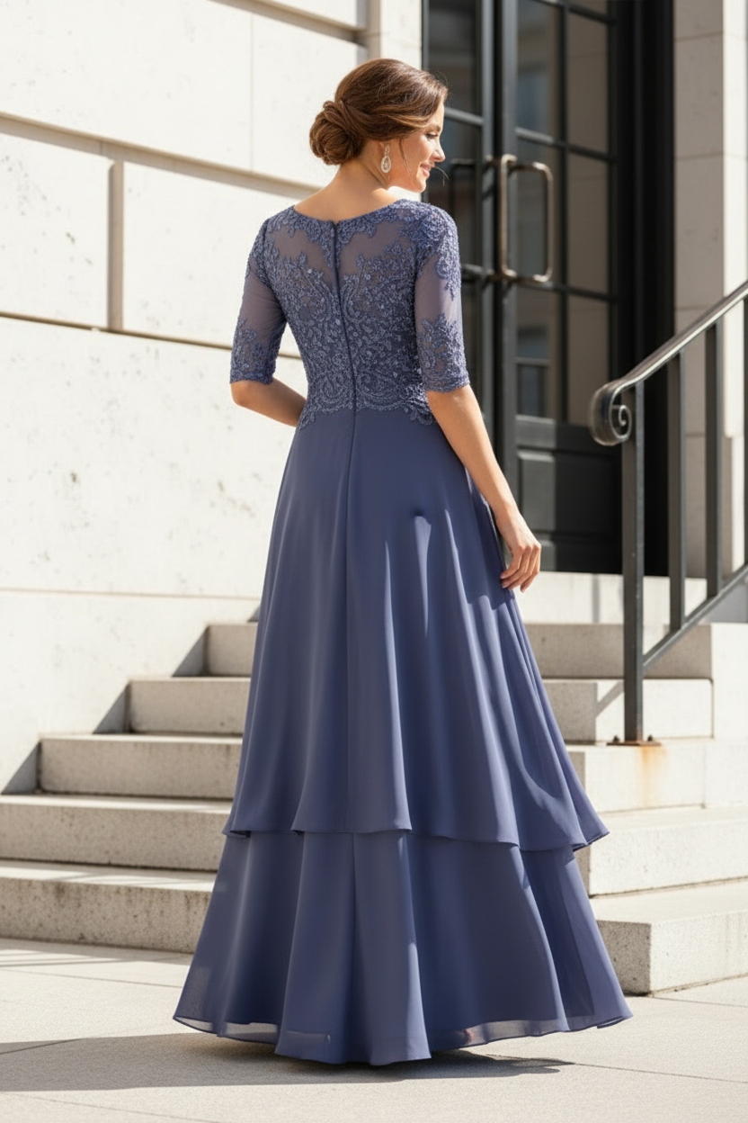 Illusion Lace Applique Tiered High-Low Evening Gown