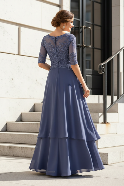 Illusion Lace Applique Tiered High-Low Evening Gown