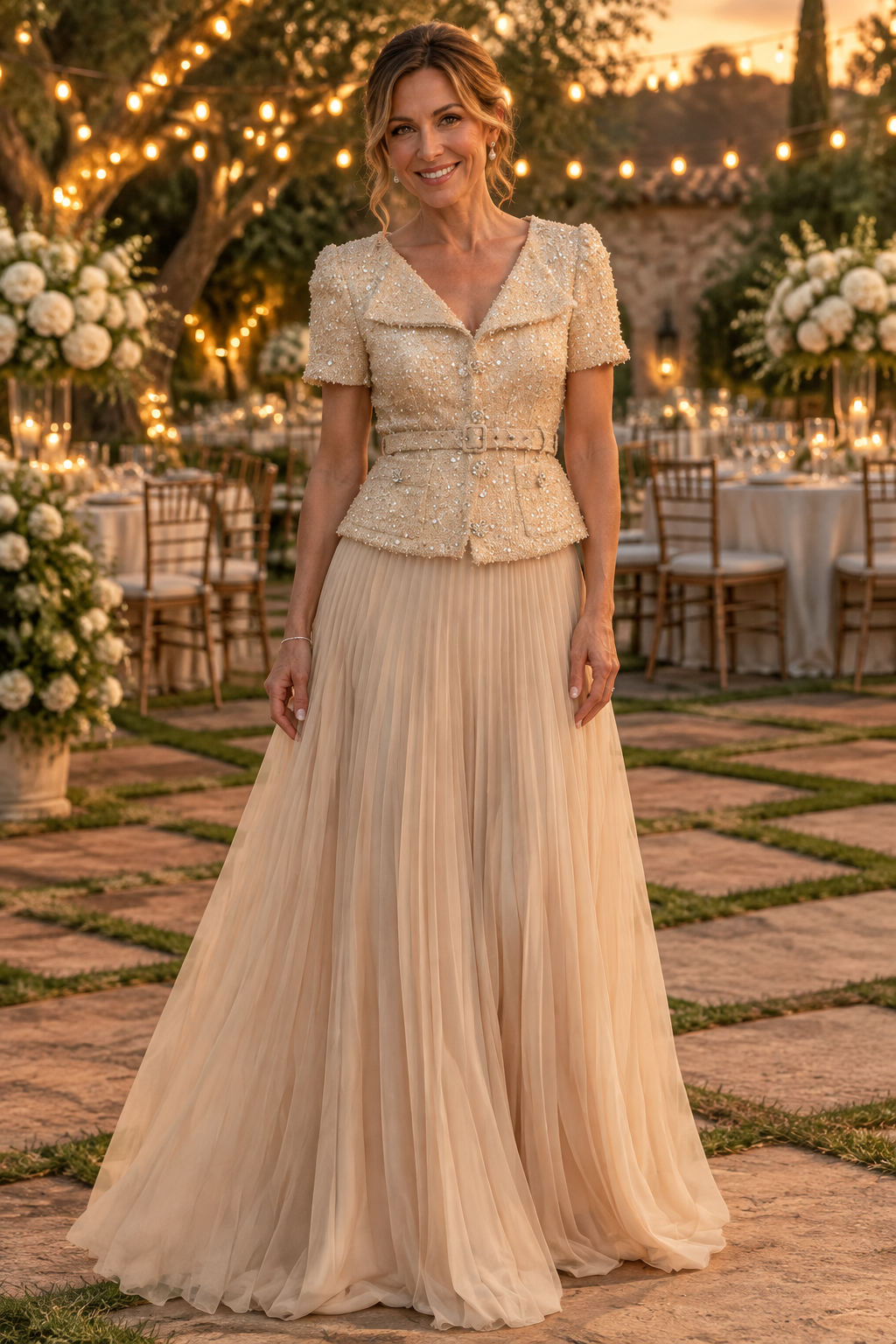 Sequined Peplum Jacket and Pleated Floor-Length Gown