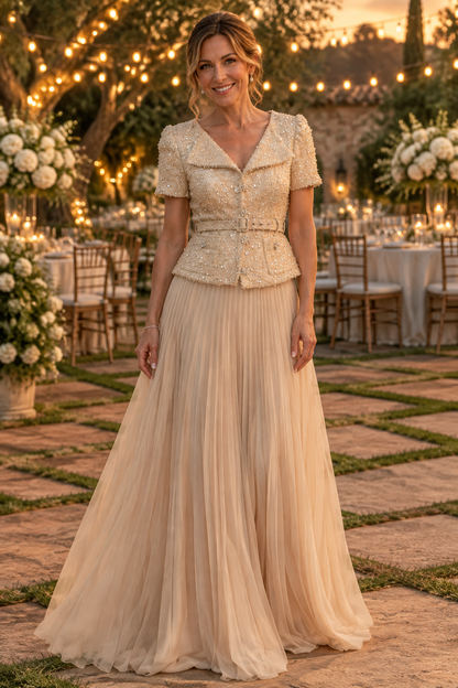 Sequined Peplum Jacket and Pleated Floor-Length Gown