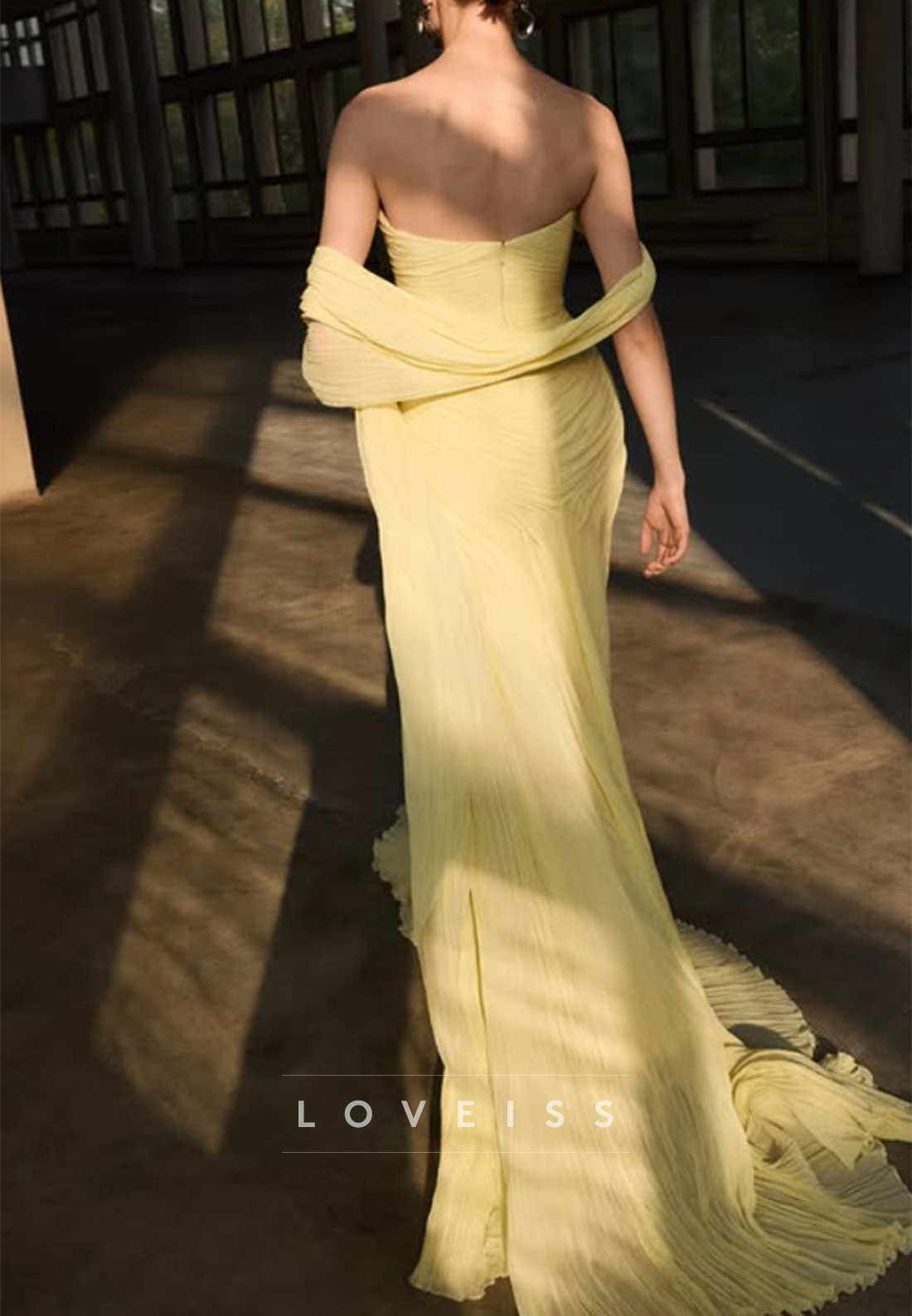Off-Shoulder Draped Chiffon Gown with High Slit