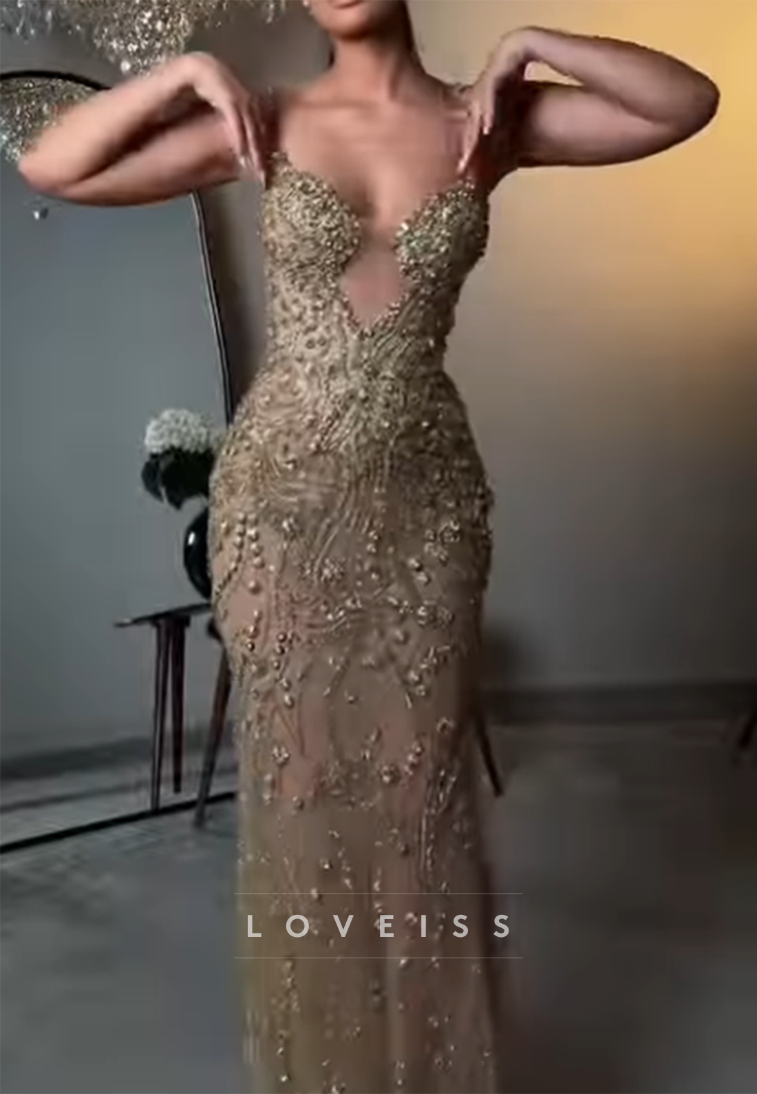 Beaded Plunging Neckline Maxi Evening Dress