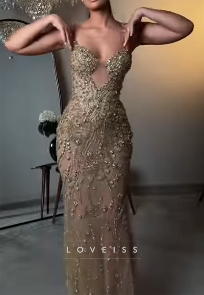 Beaded Plunging Neckline Maxi Evening Dress