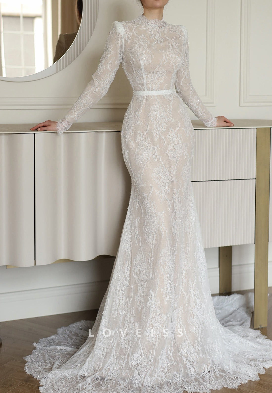 High Neck Lace Wedding Dress with Long Sleeves