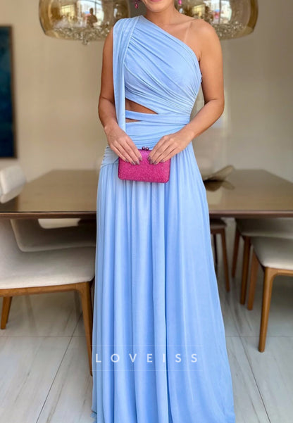One-Shoulder Pleated Maxi Dress with Waist Cut-Outs
