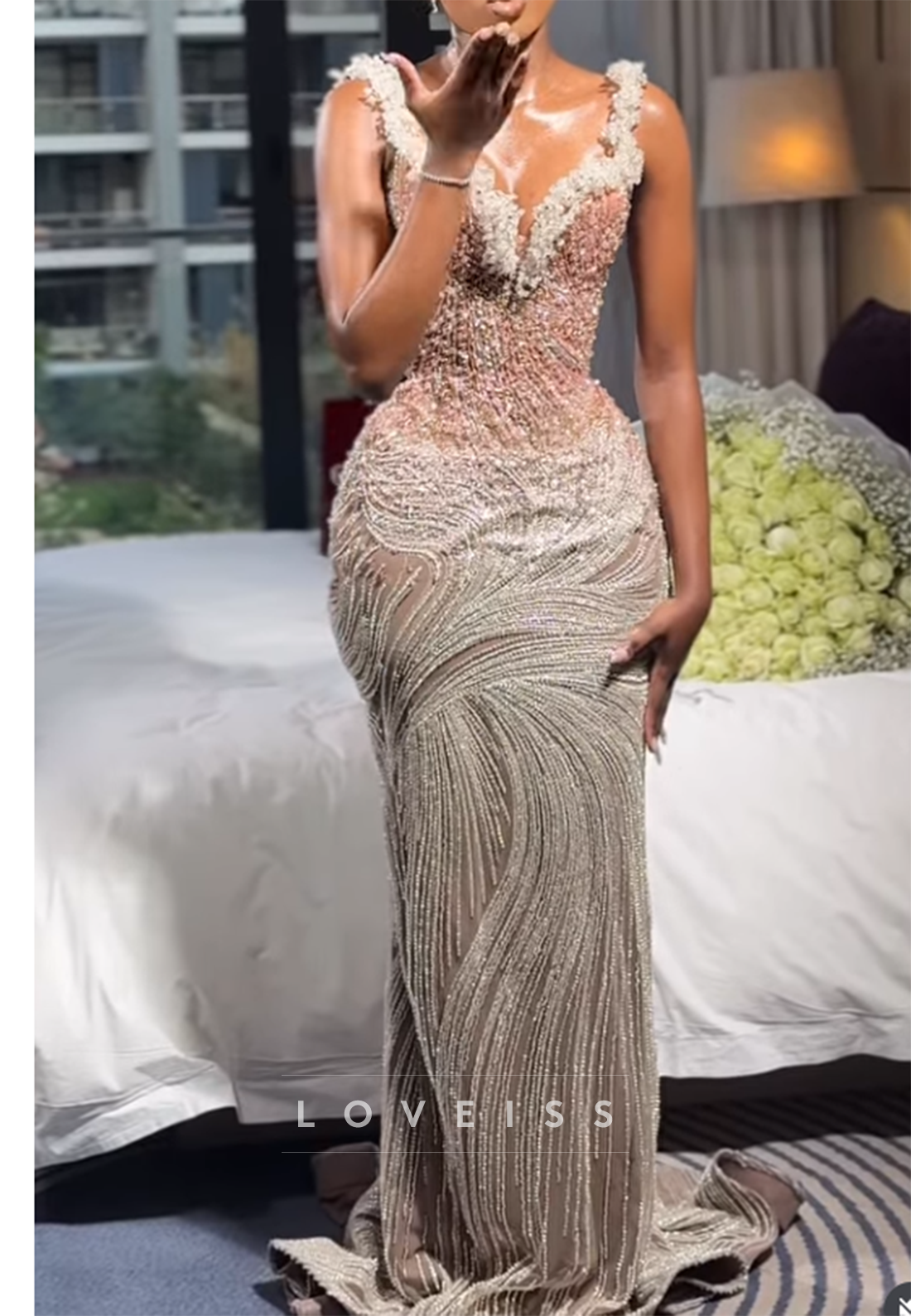 Beaded Swirl Corset Mermaid Evening Gown