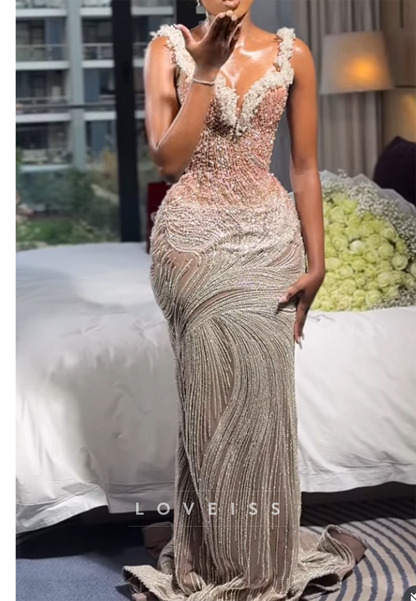 Beaded Swirl Corset Mermaid Evening Gown