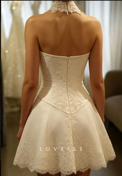 Strapless Lace Applique Satin Mini Wedding Dress