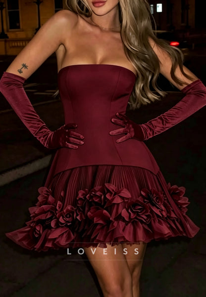 Strapless Corset Mini Dress with 3D Floral Hem