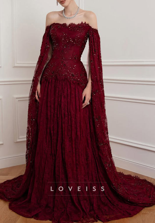 Off-Shoulder Embellished Gown with Split Cape Sleeves