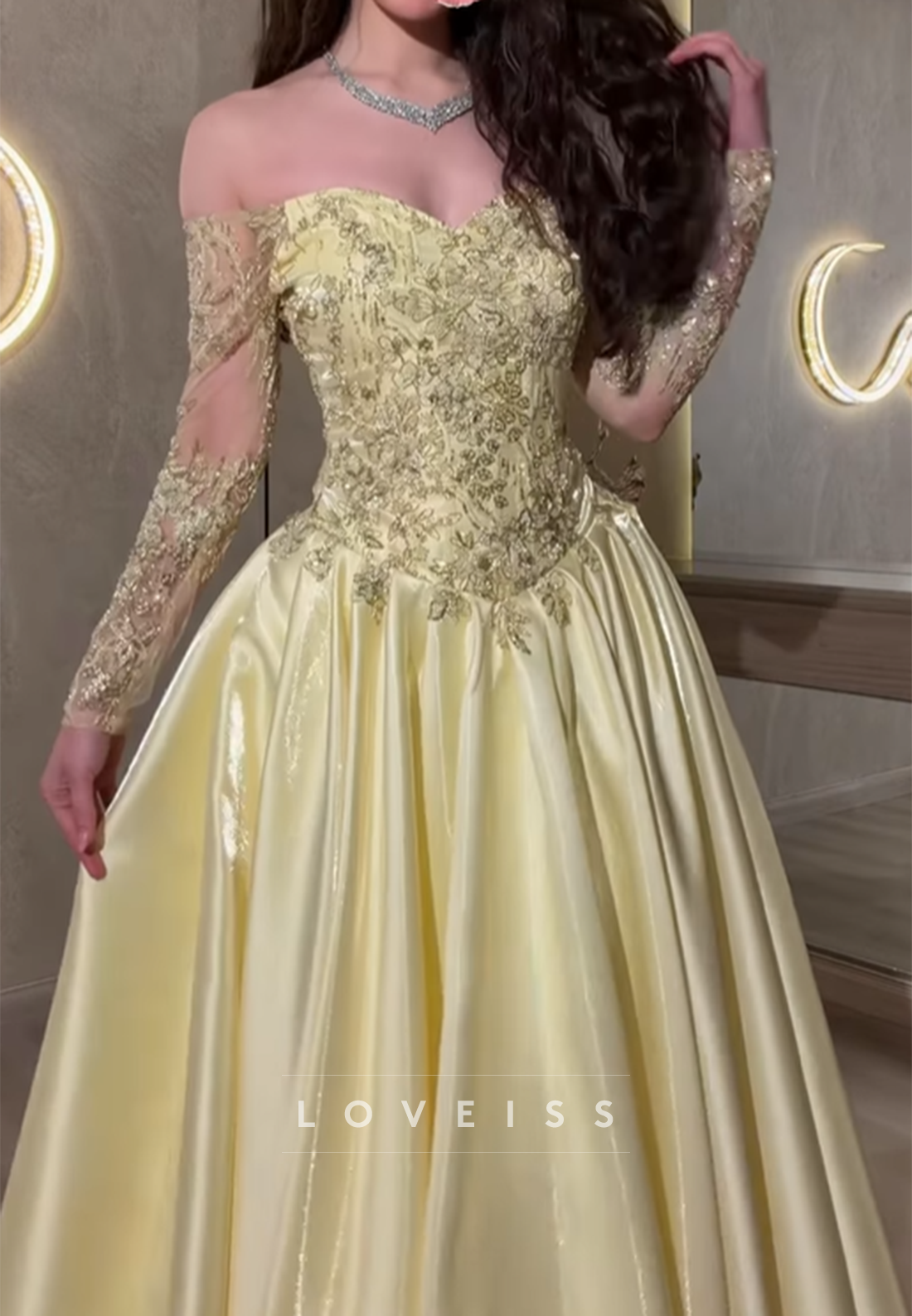 Off Shoulder Satin Ball Gown with Lace Appliques