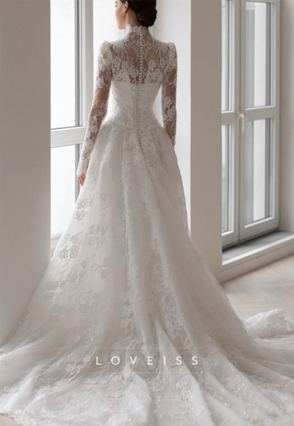 High-Neck Lace Wedding Dress with Long Sleeves
