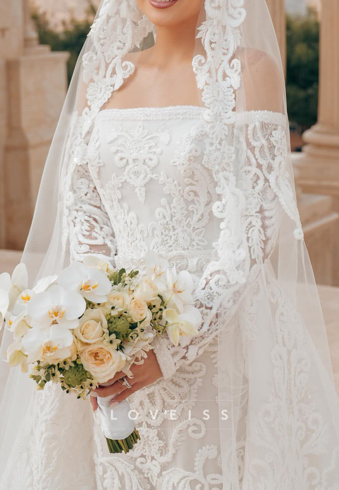 Off-the-Shoulder Lace Wedding Dress with Overskirt