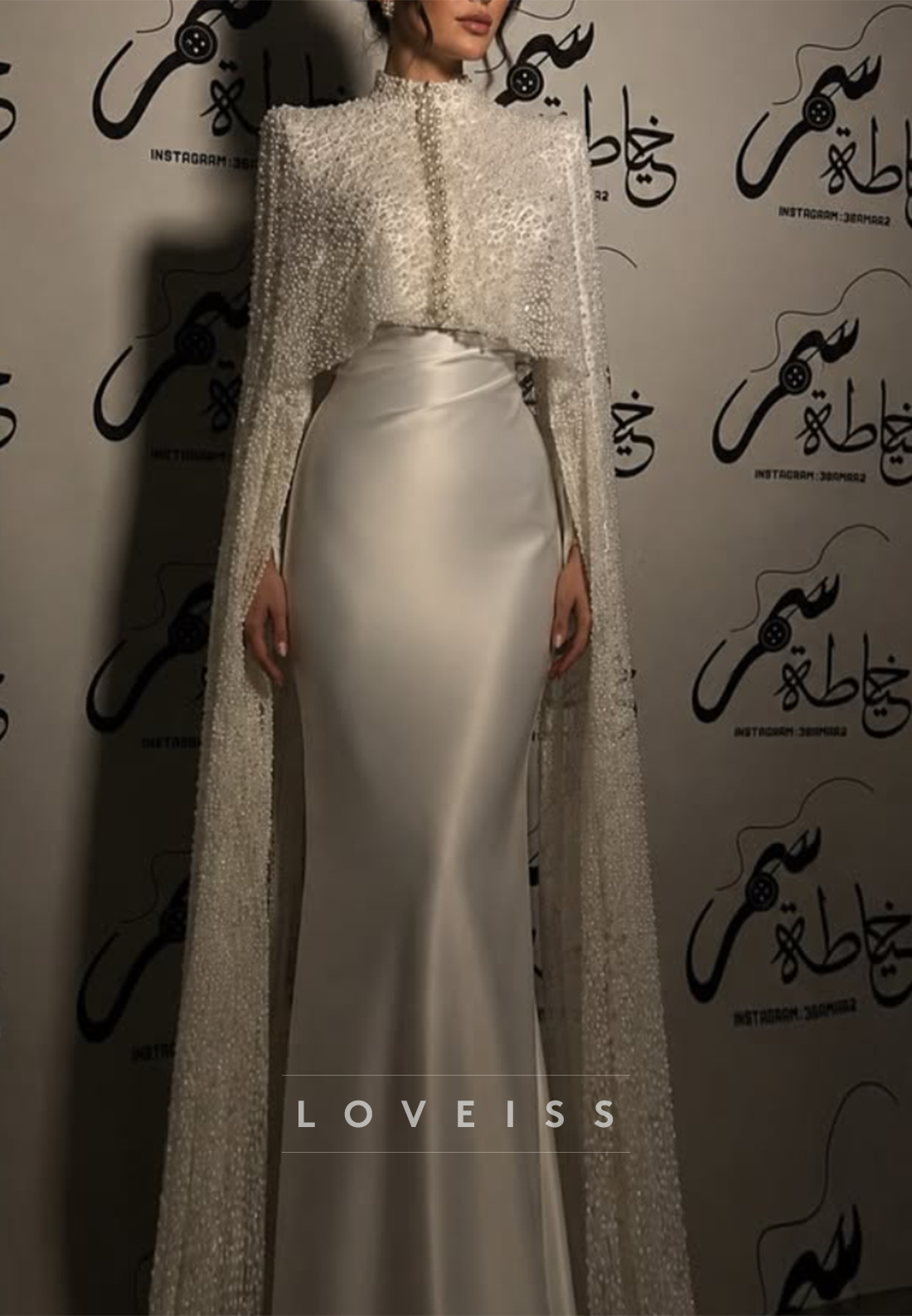Pearl Beaded High-Neck Cape Sleeve Satin Mermaid Gown