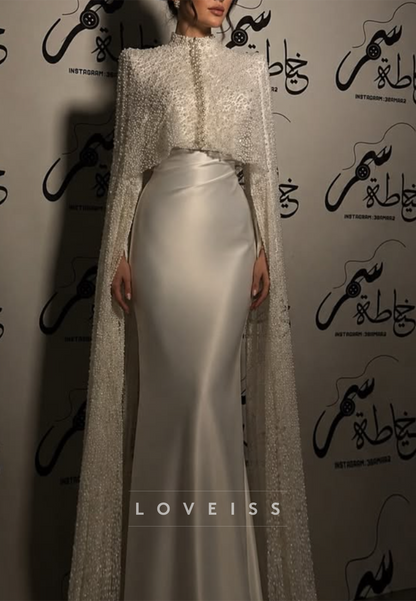 Pearl Beaded High-Neck Cape Sleeve Satin Mermaid Gown