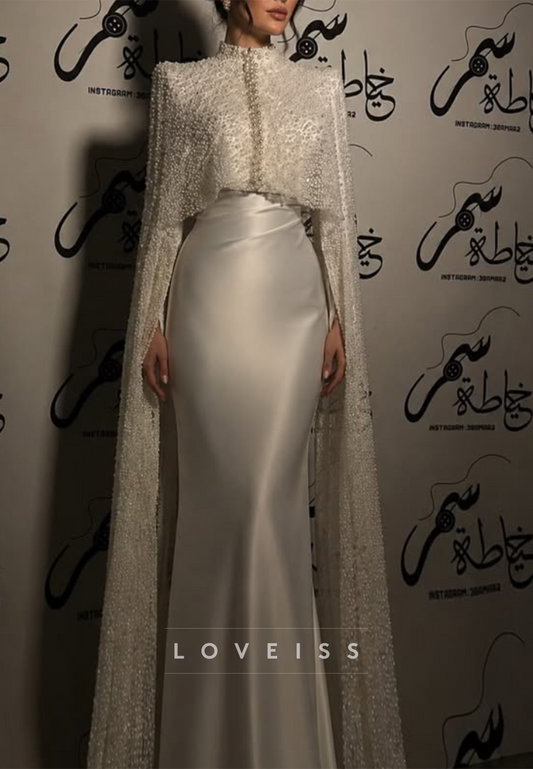 Pearl Beaded High-Neck Cape Sleeve Satin Mermaid Gown