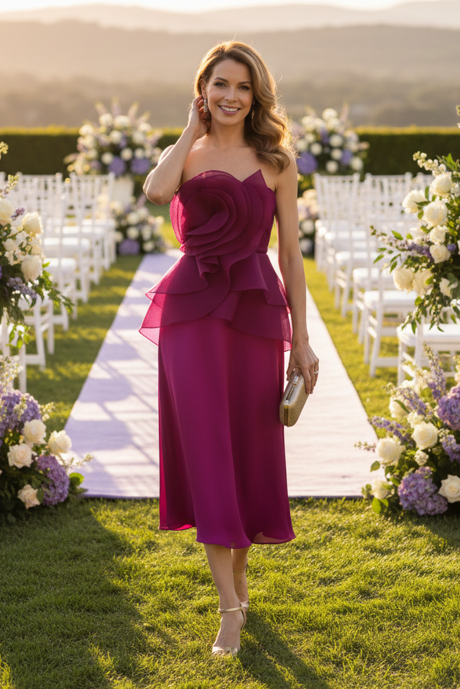 Strapless 3D Rose Peplum Midi Dress