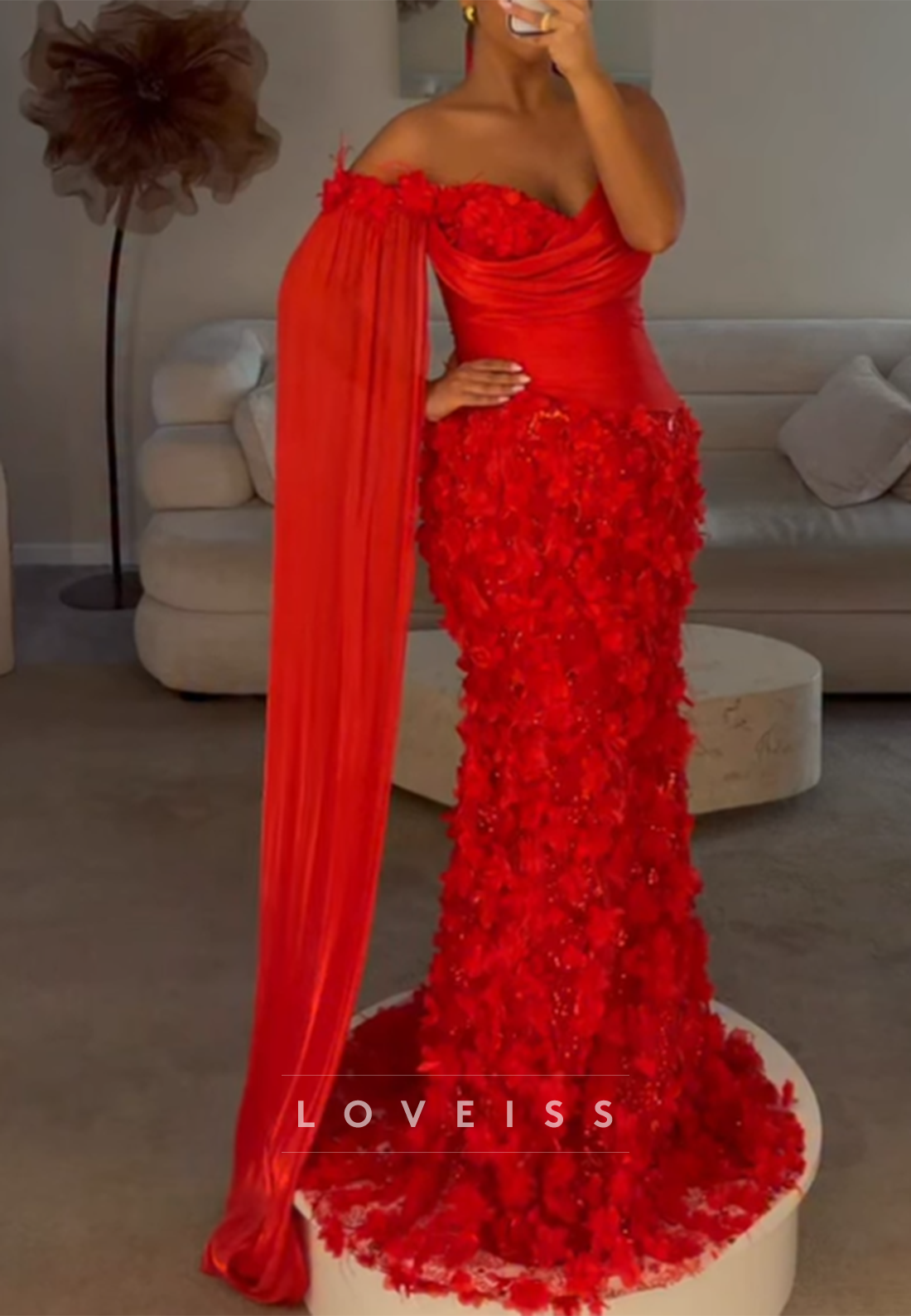Asymmetrical 3D Floral Mermaid Evening Gown