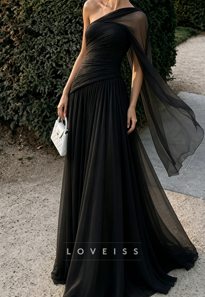 One Shoulder Chiffon A-Line Evening Gown with Cape Sleeve
