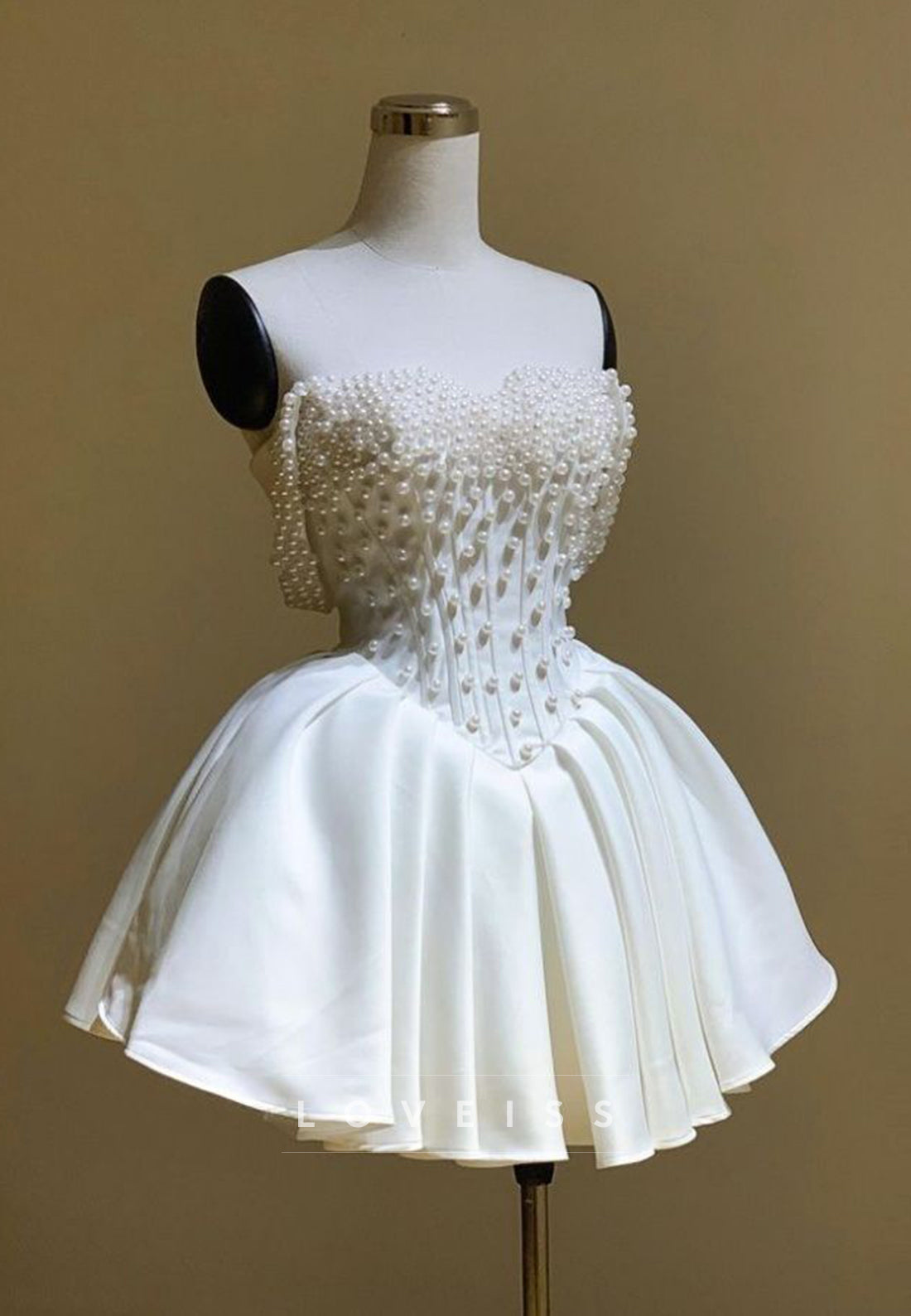 Pearl Beaded Corset Bodice Mini Ball Gown Dress