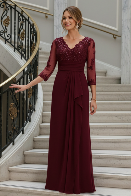 Sequin Lace Bodice Evening Gown with Draped Skirt