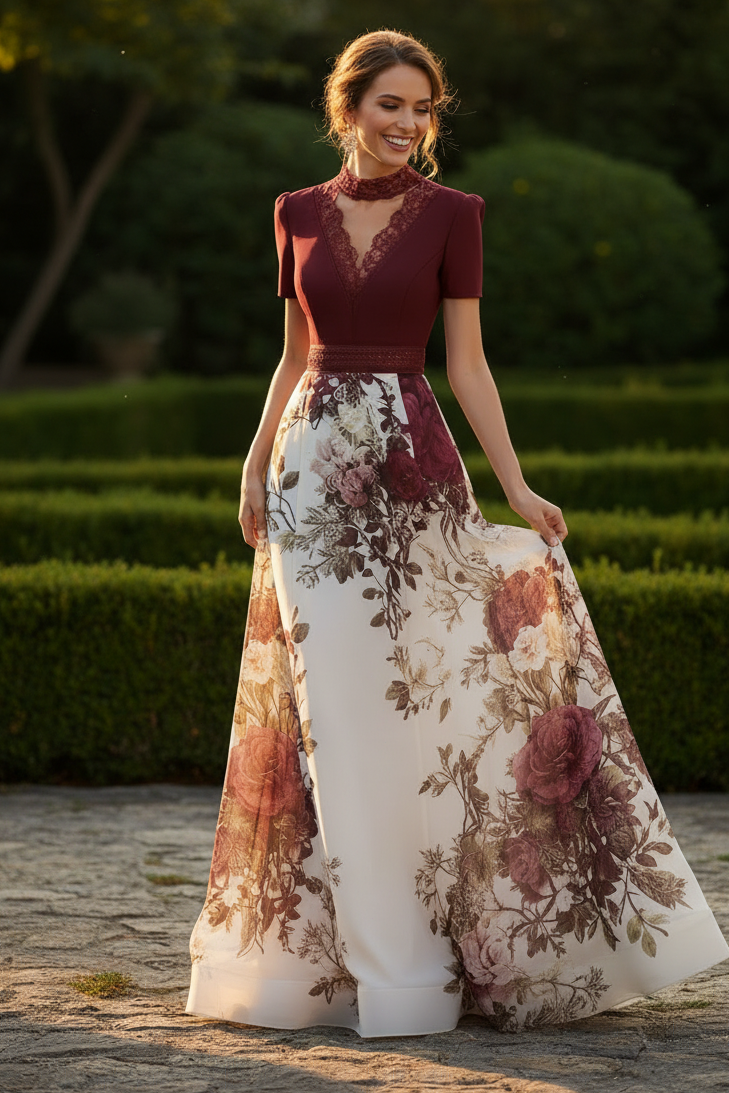Floral Print Evening Gown with Lace Trim Neckline